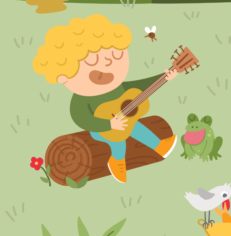 little blond boy in green sweater & blue jeans sitting on log paying a song on the guitar with frog and small bug litstening on green forest background