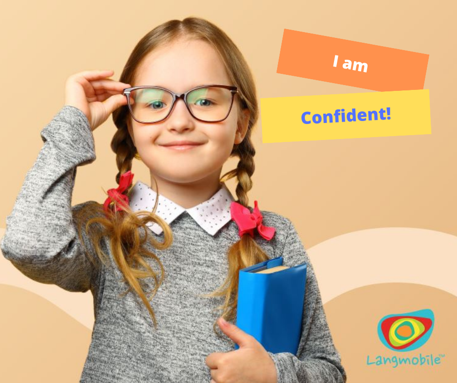confident young girl Learning Languages with glasses and blue book