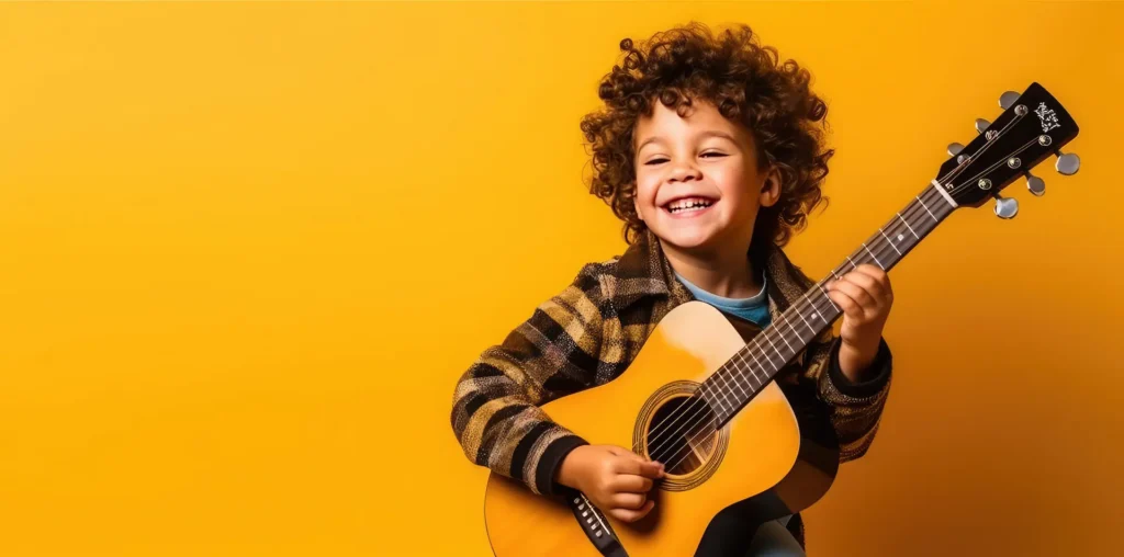 A joyful young boy with curly hair laughing while holding an acoustic guitar against a bright yellow background, illustrating the fun of learning through music and rhythm. Un jeune garçon joyeux aux cheveux bouclés tenant une guitare acoustique sur un fond jaune vif, illustrant le plaisir d'apprendre par la musique et le rythme. Chansons Songs